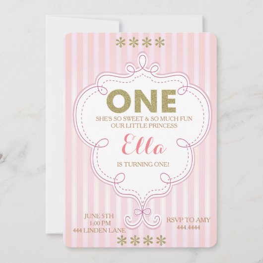 Erstes Geburtstags-Gold und rosa Einladung (Vorderseite)