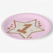 Erstes Geburtstags-Rosa und Goldstern Pappteller (Schrägansicht)