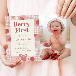 Erstes Geburtstagsfoto mit rosa Schleife und Beere Einladung