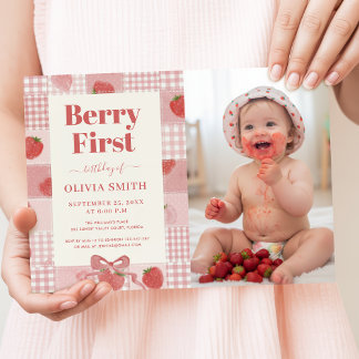 Erstes Geburtstagsfoto mit rosa Schleife und Beere Einladung