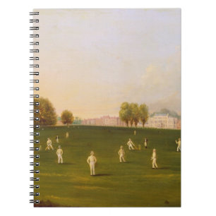 Erstes großartiges Match des Krickets spielte Notizblock