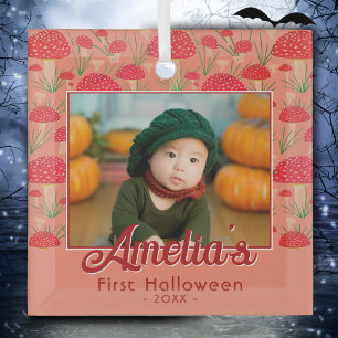 Erstes Halloween Roter Pilz Herbst Foto Ornament Aus Glas