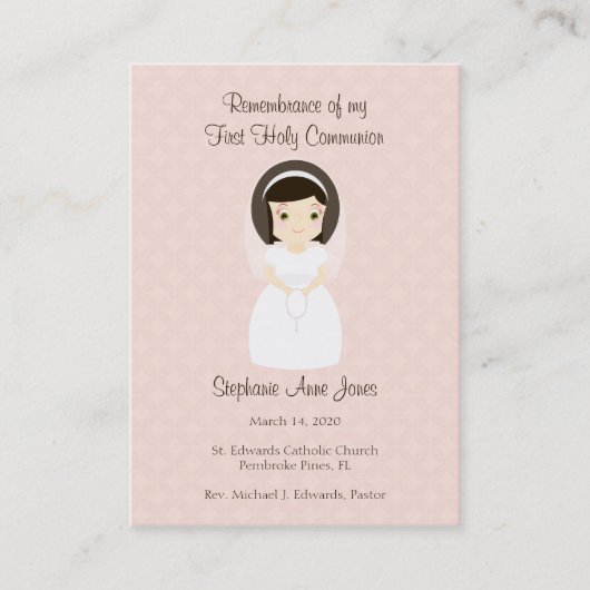 Erstes heilige Kommunions-brünettes Mädchen Visitenkarte (Vorderseite)