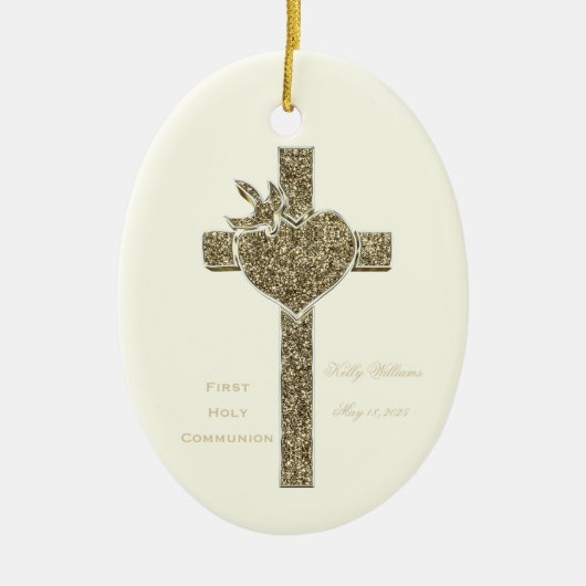 Erstes heilige Kommunions-Kreuz mit Taube und Keramik Ornament (Vorne)