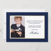 Erstes Heiliges Kommunion Blau- und Gold-Foto Dankeskarte (Rückseite)