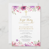 Erstes Heiliges Kommunion Blumengoldkreuz Einladung (Vorderseite)