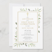 Erstes Heiliges Kommunion Greenery Foto Save The Date (Vorderseite)