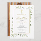 Erstes Heiliges Kommunion Greenery Foto Save The Date (Vorne/Hinten)