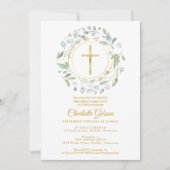 Erstes Heiliges Kommunion Greenery Gold Cross Einladung (Vorderseite)