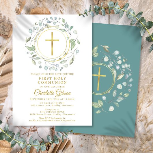 Erstes Heiliges Kommunion Greenery Gold Cross Save The Date