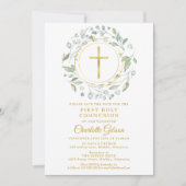 Erstes Heiliges Kommunion Greenery Gold Cross Save The Date (Vorderseite)