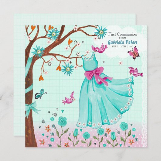 Erstes Heiliges Kommunionkleid | Einladungs-Girl Einladung (Vorne/Hinten)