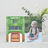 Erstes Jahr Fußball Blue Erster Geburtstag Foto Einladung (Stehend Vorderseite)