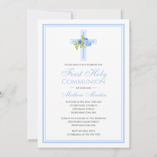 Erstes Kommunenkreuz mit blauen Rose Christlich Einladung (Vorderseite)