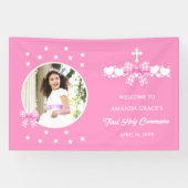 Erstes Kommunion Mädchen Rosa Gingham Schleife Fot Banner (Horizontal)