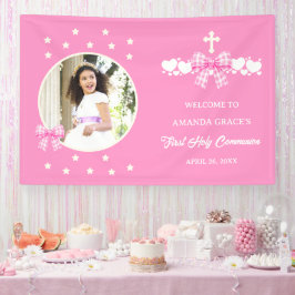 Erstes Kommunion Mädchen Rosa Gingham Schleife Fot Banner