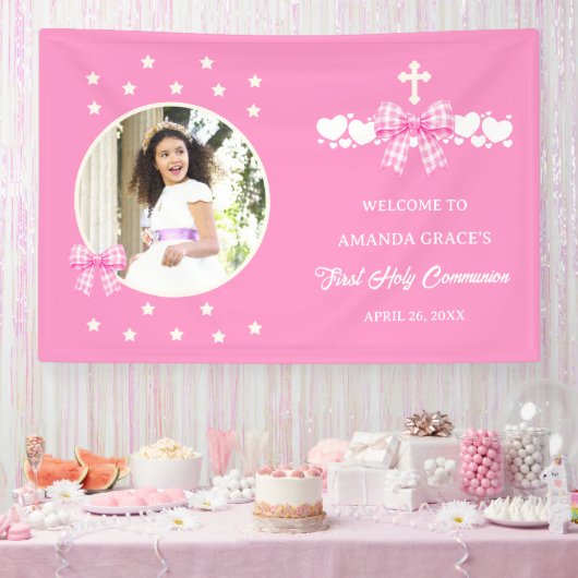 Erstes Kommunion Mädchen Rosa Gingham Schleife Fot Banner (Party)