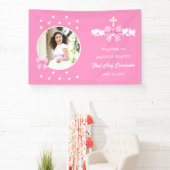 Erstes Kommunion Mädchen Rosa Gingham Schleife Fot Banner (InSitu)