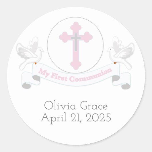 Erstes Kommunionsbanner mit Tauben Runder Aufkleber (Vorderseite)