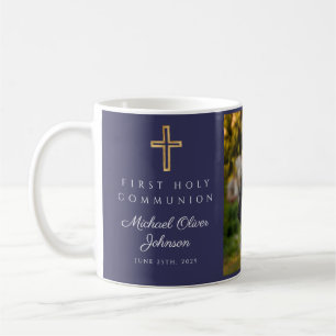 Erstes Kommunionsfoto mit religiösem Kreuz Blau Ju Kaffeetasse