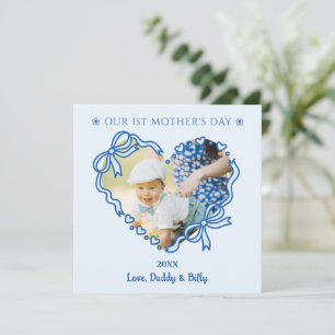 Erstes Muttertagsfoto Herzrahmen Babyblauer Bogen Feiertagskarte