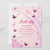Erstes Pink & lila Schmetterlinge Party zum 1. Geb Einladung (Vorderseite)