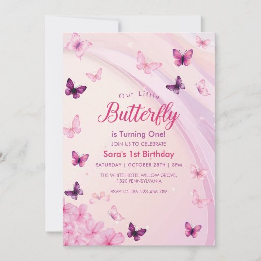 Erstes Pink & lila Schmetterlinge Party zum 1. Geb Einladung (Vorderseite)