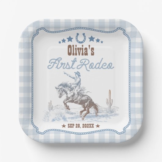 Erstes Rodeo 1. Geburtstag Blau Western Pappteller (Vorderseite)