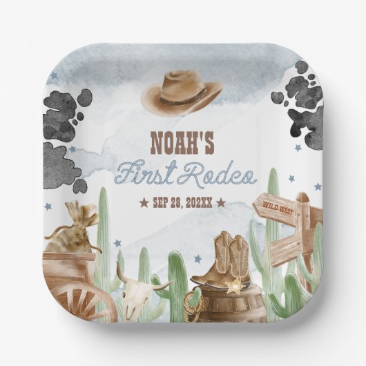 Erstes Rodeo 1. Geburtstag Rustikaler Wilder Weste Pappteller (Vorderseite)