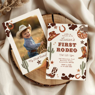 Erstes Rodeo 1. Geburtstag Western Cowboy Foto Einladung