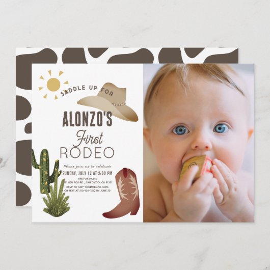 Erstes Rodeo Cowboy Western Foto 1. Geburtstag Einladung (Vorne/Hinten)