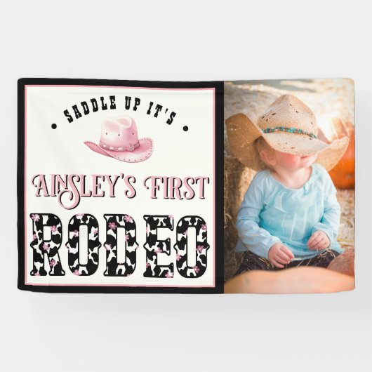 Erstes Rodeo Rosa Personalisiertes Foto 1. Geburts Banner (Horizontal)