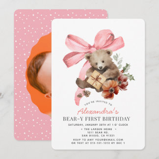 Erstes rosa Schleifenmädchen Beary First 1. Geburt Einladung