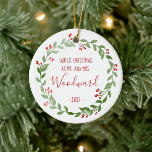 Erstes Weihnachten als Ehepaar Foto Kranz roter Te Keramik Ornament