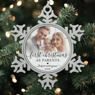Erstes Weihnachten als Eltern Baby-Foto Schneeflocken Zinn-Ornament