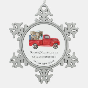 Erstes Weihnachten als Herr Frau Roter LKW Ferienh Schneeflocken Zinn-Ornament
