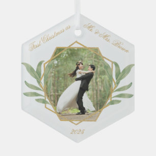 Erstes Weihnachten als Herr und Frau Foto Gold Grü Ornament Aus Glas