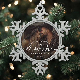 Erstes Weihnachten als Herr und Frau Hochzeitsfoto Schneeflocken Zinn-Ornament