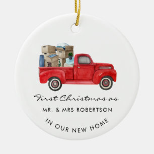 Erstes Weihnachten als Herr und Frau, roter LKW, n Keramik Ornament