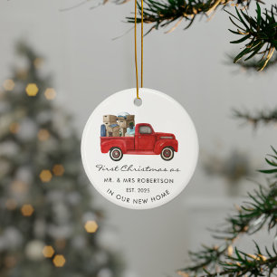 Erstes Weihnachten als Herr und Frau, roter LKW, n Keramik Ornament