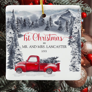Erstes Weihnachten als Mr. und Mrs. Vintage-LKW Keramikornament