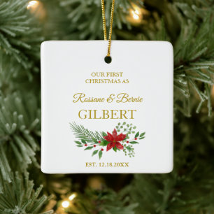 Erstes Weihnachten als Zitat mit Poinsettien-Desig Keramikornament