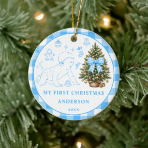 Erstes Weihnachten Baby Junge Blau Gingham-Schleif Keramik Ornament