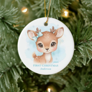 Erstes Weihnachten Baby Junge Blaues Rentier Foto Keramik Ornament