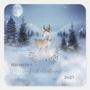 Erstes Weihnachten,Babyhirsch,Winterlandschaft Quadratischer Aufkleber