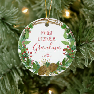 Erstes Weihnachten der Oma Rustikaler Kranz Baby-F Keramik Ornament