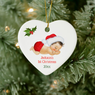 Erstes Weihnachten des Babyjungen mit roter Santa- Keramik Ornament