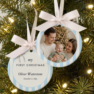 Erstes Weihnachten des Babys Blau gestreifte Foto Keramik Ornament