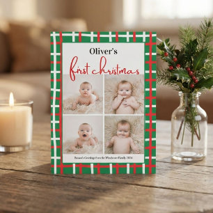 Erstes Weihnachten des Babys in grünem Karo 4-Foto Einladung