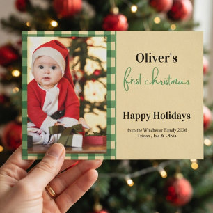 Erstes Weihnachten des Babys in grünem Karo-Foto Einladung